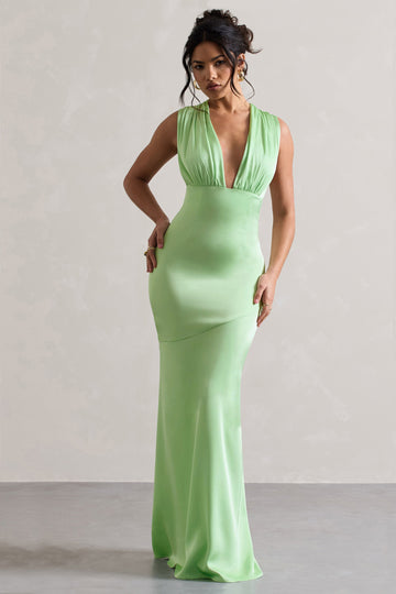 Azzara Light Green Satin Ruched V-Neck Maxi Dress
